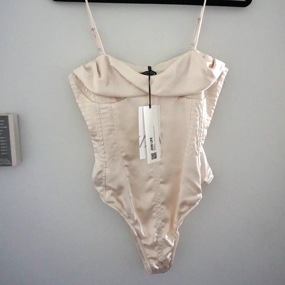 Zara Satin Bustier Body Suit Off-White Silky Cowl Neck Cami XS NWT - Picture 5 of 6